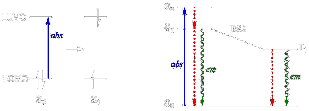 singlet state jablonski diagram and transition illustrations black background